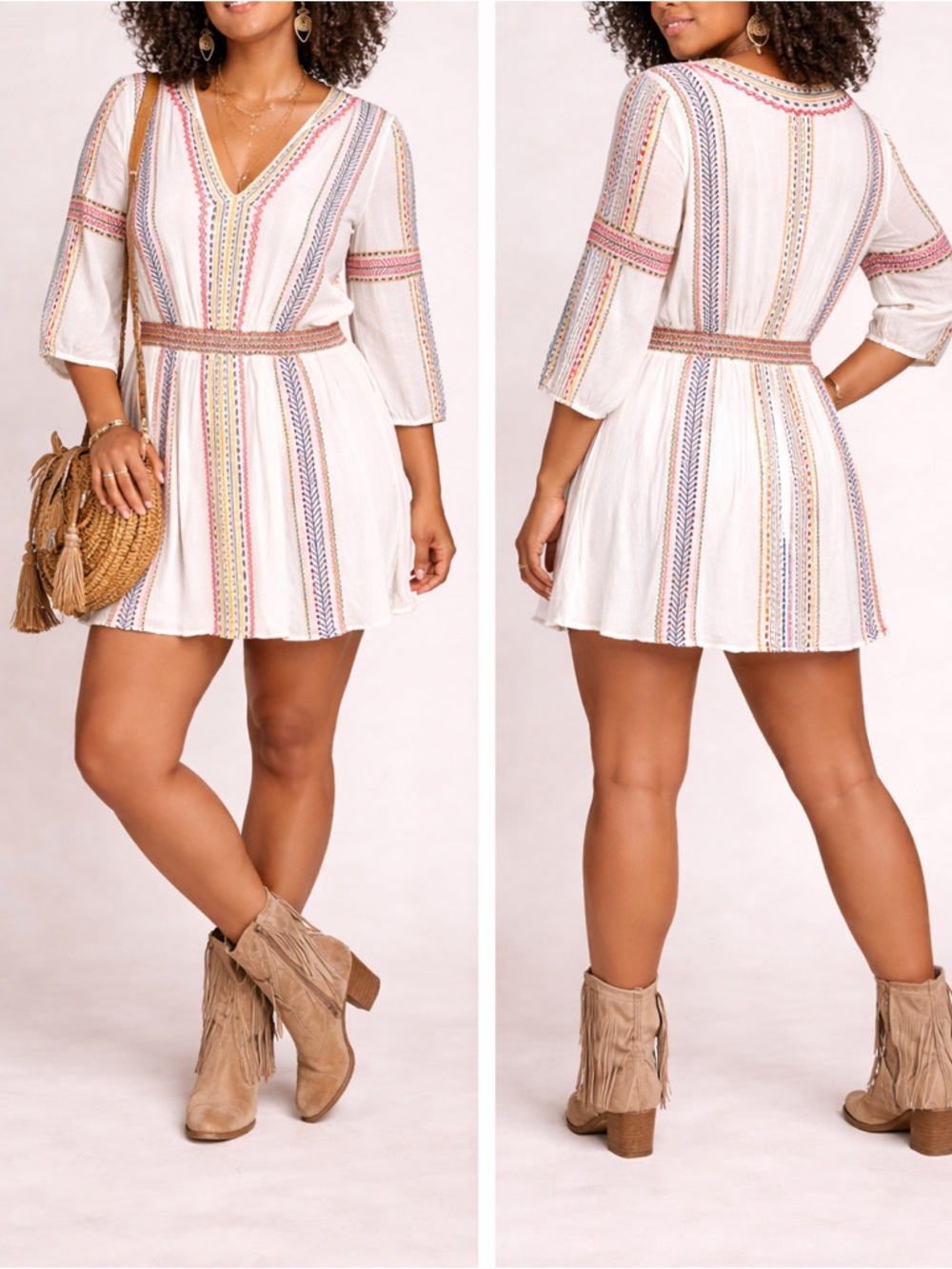 Alice + Olivia Embroidered Tunic Dress Boho White Multicolor V Neck Mini Sz 6